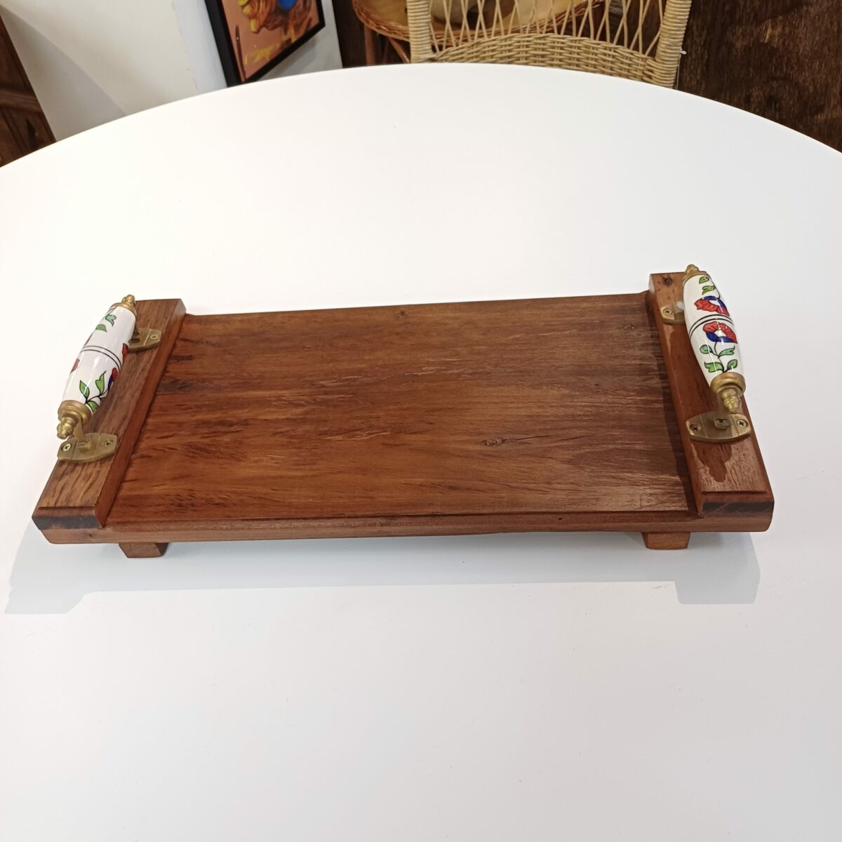 Bandeja decorativa madeira nobre com puxadores indiano