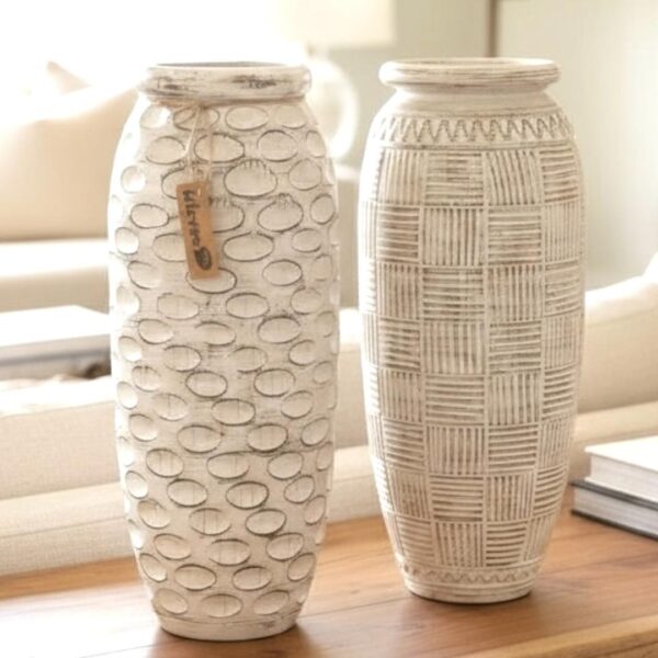 Vaso Branco em Madeira Rústica - Importado de Bali