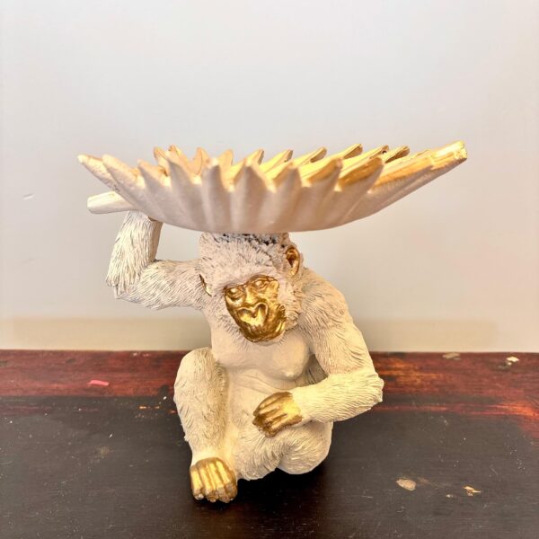 Escultura Macaco Branco com Dourado em Resina